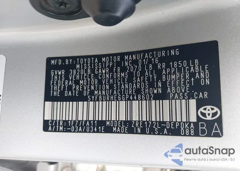 2016 Toyota Corolla L z USA, uszkodzony, nr VIN 5YFBURHE6GP448602